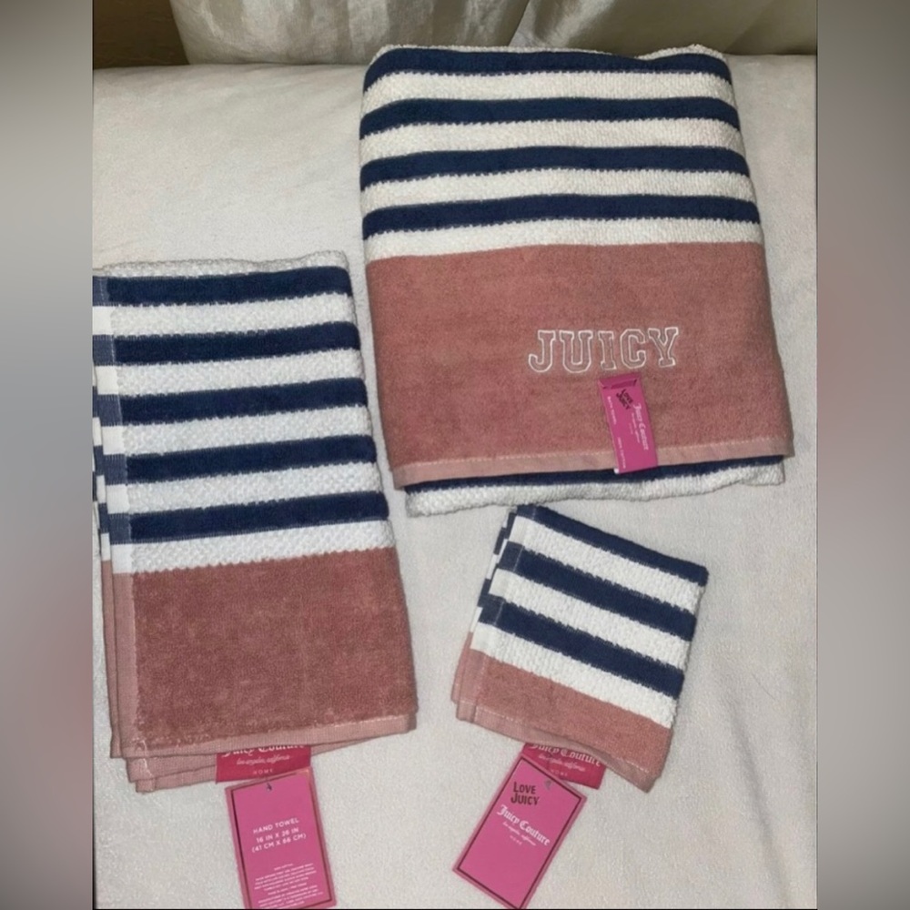 🎉HP🎉New! Juicy Couture Pink/Navy Striped Logo Bath Towel 3 Piece Set🤍🎀 - Picture 2 of 10
